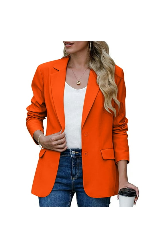 Womens Padded Shoulder Blazer, Fall Button Open Front Business Casual Long Sleeve Lapel Office Suit Jacket Orange XL