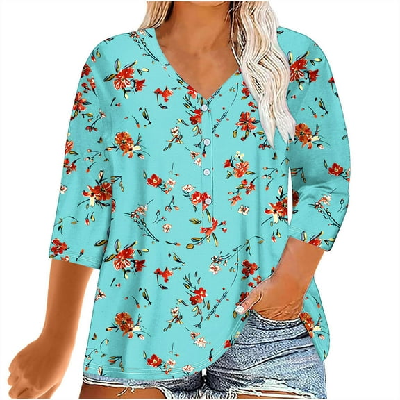 jjayotai Womens Plus Size Button Down Shirts, Print 3/4 Sleeve Blouses Boho Floral Tees Hawaiian Blouses Work Office Tops