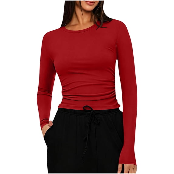 jjayotai Womens Round Neck Basic Long Sleeve T Shirt Slim Fit Tees Y2k Going out Tops Solid Color Plain Tight Shirts Blouses