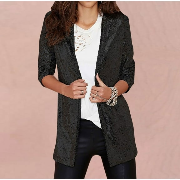 jjayotai Womens Shiny Sequin Blazer, Open Front Coat Lapel Long Sleeve Cardigan Jacket
