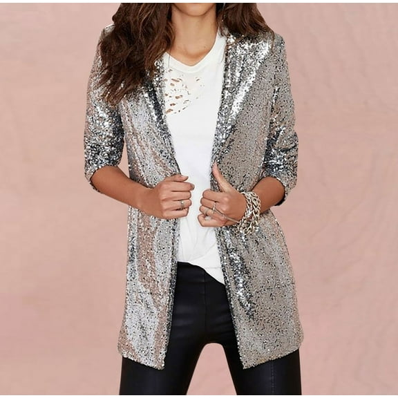 jjayotai Womens Shiny Sequin Blazer, Open Front Coat Lapel Long Sleeve Cardigan Jacket