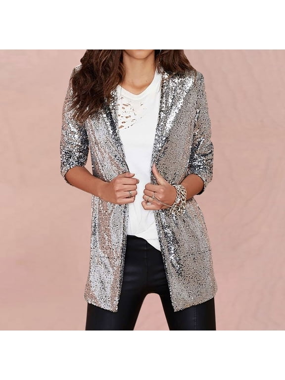 Womens Shiny Sequin Blazer, Open Front Coat Lapel Long Sleeve Cardigan Jacket