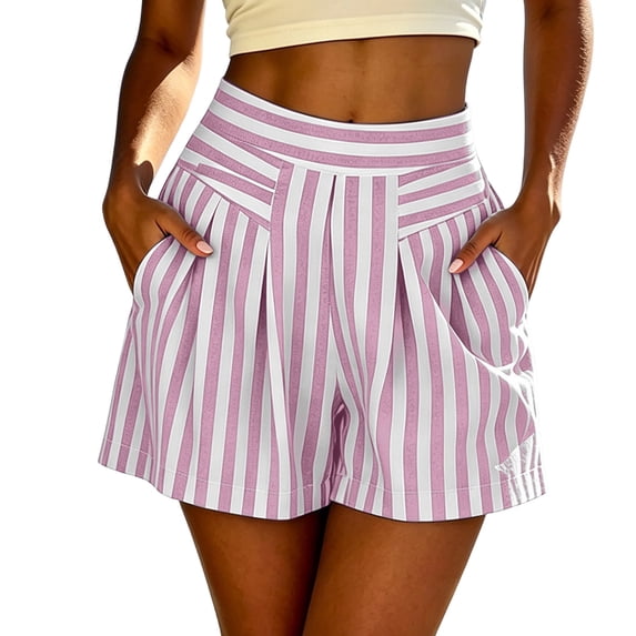 jjayotai Womens Shorts Elastic Waist Striped Shorts Pleated Wide Leg Beach Shorts Casual Summer Shorts with Pockets
