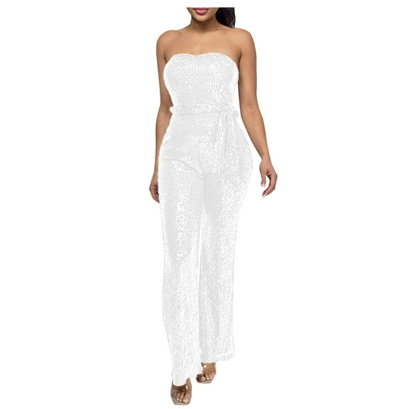 jjayotai Womens Sparkly Strapless Rompers, Ladies Sequin Sexy Sleeveless Jumpsuit High Waist Belted Wide Leg Playsuits Pants White S