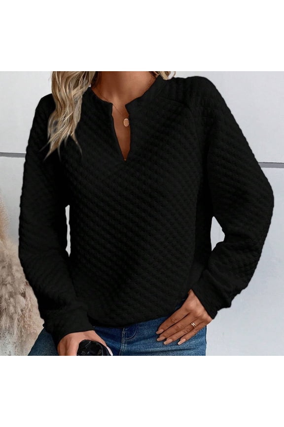 Womens Split Neck Quilted Lightweight Sweatshirt, Casual Long Sleeve Warm Solid Color Pullover Tops