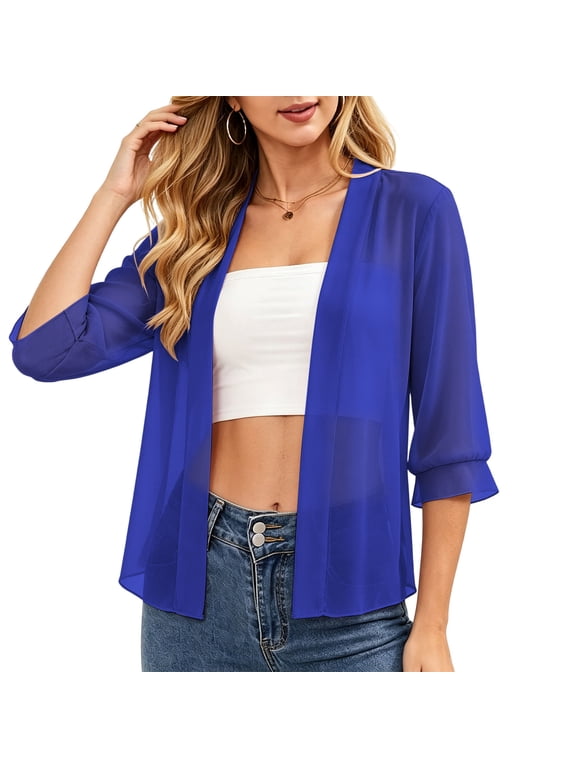 Womens Summer Thin Cardigan 3/4 Sleeve Sheer Shrugs Trendy Open Front Loose Lightweight Cropped Cardigans