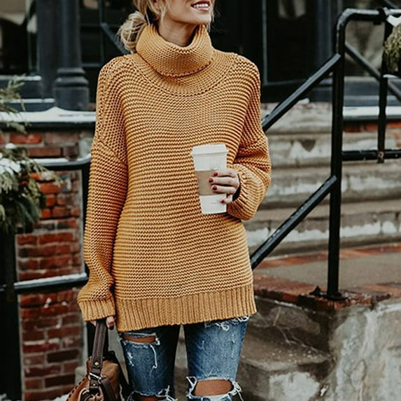 jjayotai Womens Sweater Clearance Women's Turtleneck Sweater Casual Solid Color Chunky Long Sleeve Fall Winter Pullover Tops