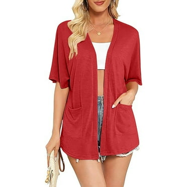 jjayotai Womens Tops Clearance Women's Cardigan Summer Solid Color Medium Sleeved Cardigan Shoulder Pockets With Curved Hem And Pockets