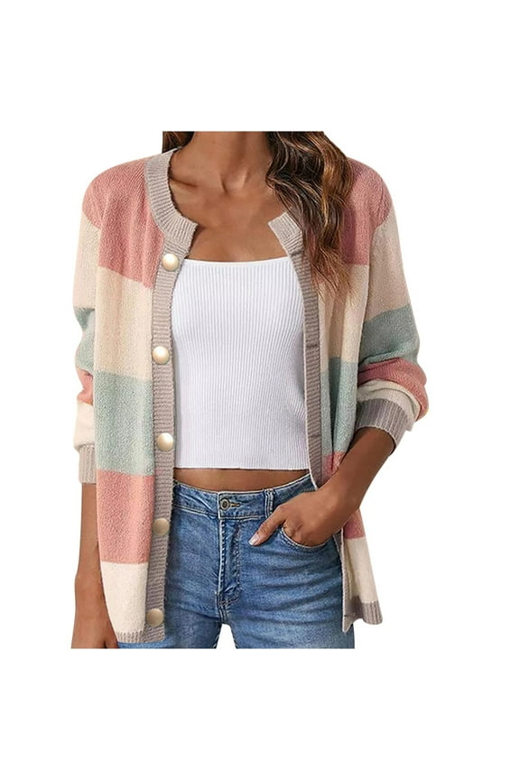 Womens Tops Clearance Women's Colorful And Elegant Long Knitted Shirt Round Neck Loose Korean Sweater Coat Spring And Fall
