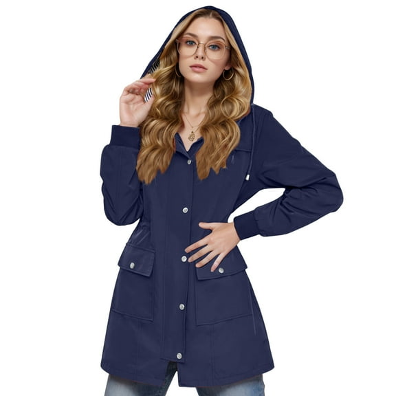 jjayotai Womens Tops Clearance Women's Fashionable Hooded Drawstring Button Jacket With Zipper Pocket Medium Length Jacket