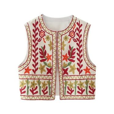 jjayotai Womens Tops Clearance Women's Vintage Embroidered Boho Open Front Cropped Vests Top Sleeveless Floral Cardigan 2024