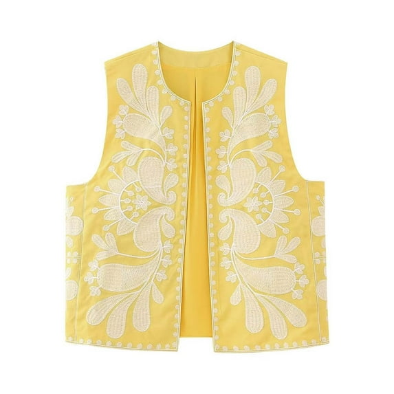 jjayotai Womens Tops Clearance Women's Vintage Embroidered Boho Open Front Cropped Vests Top Sleeveless Floral Cardigan 2024