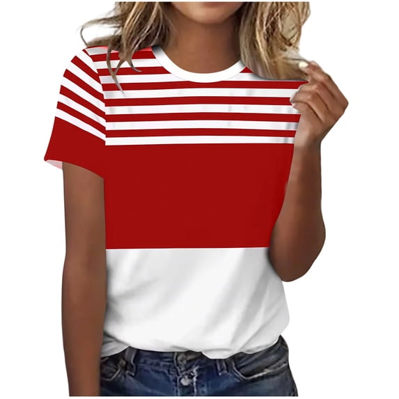 jjayotai Womens Tops Striped Color Block Tshirts Summer Short Sleeve Crewneck T Shirts Vacation Outfits Fashion Basic Tee Tops