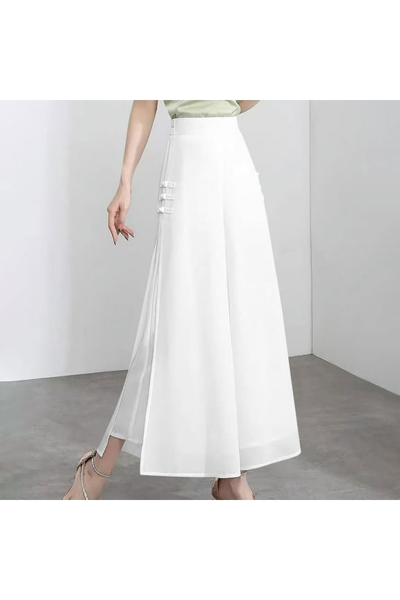 Womens Wide Leg Pants, Summer Fall Fashion Trendy Solid High Waist Loose Slim Open Split Wide Leg Drop Chiffon Cropped Pants White XXXXL
