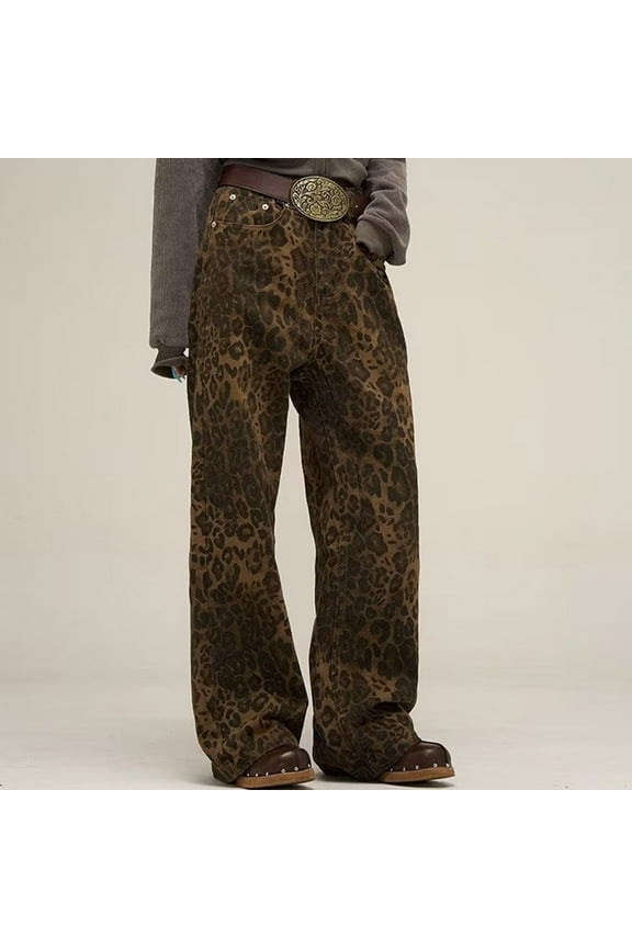 Womens Y2k Jeans Leopard Print Jeans, Baggy Cheetah Print Jeans Grunge Clothes Streetwear Pants