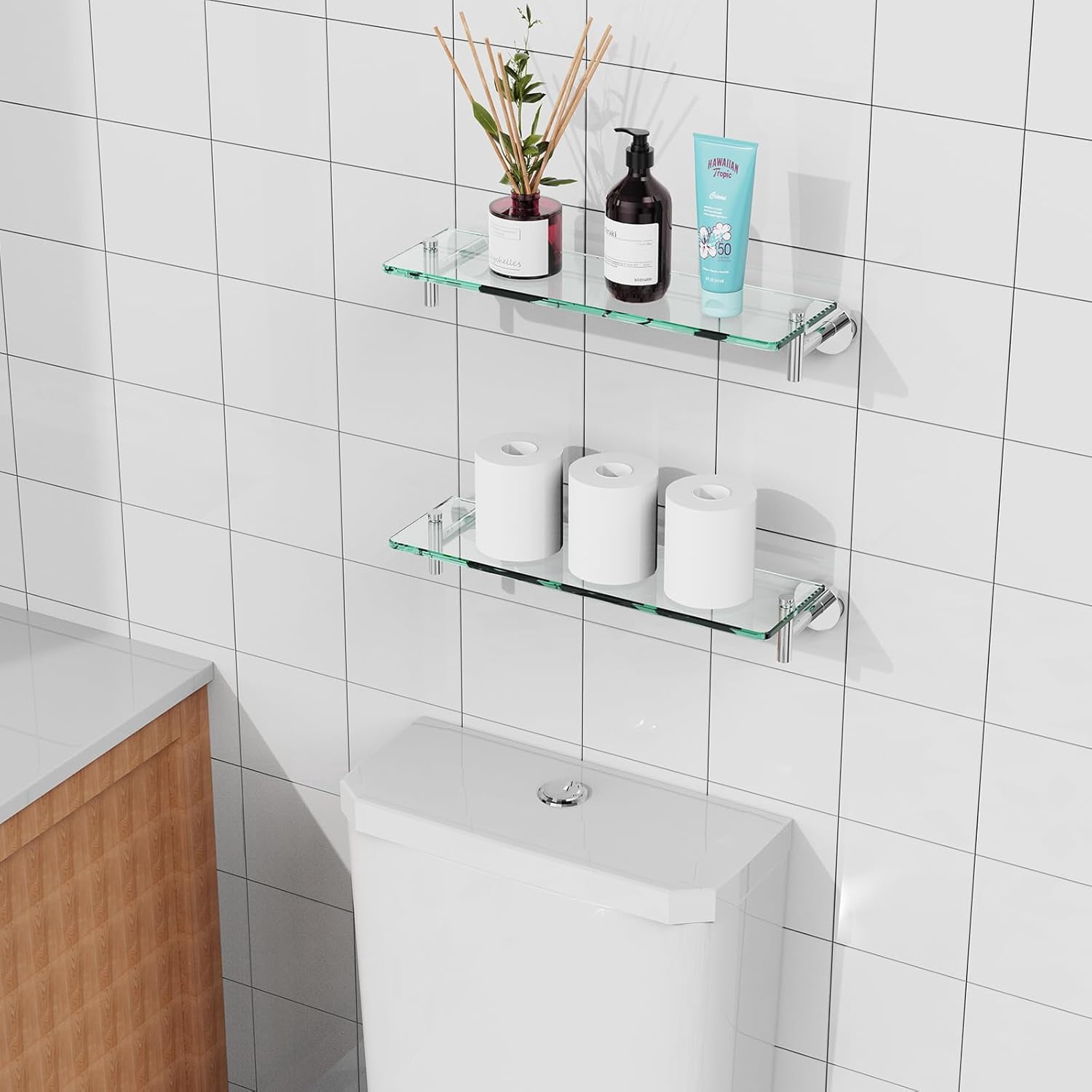 jkfgvhop 16 Inch Glass Bathroom Shelves Brushed Nickel Floating Shelves