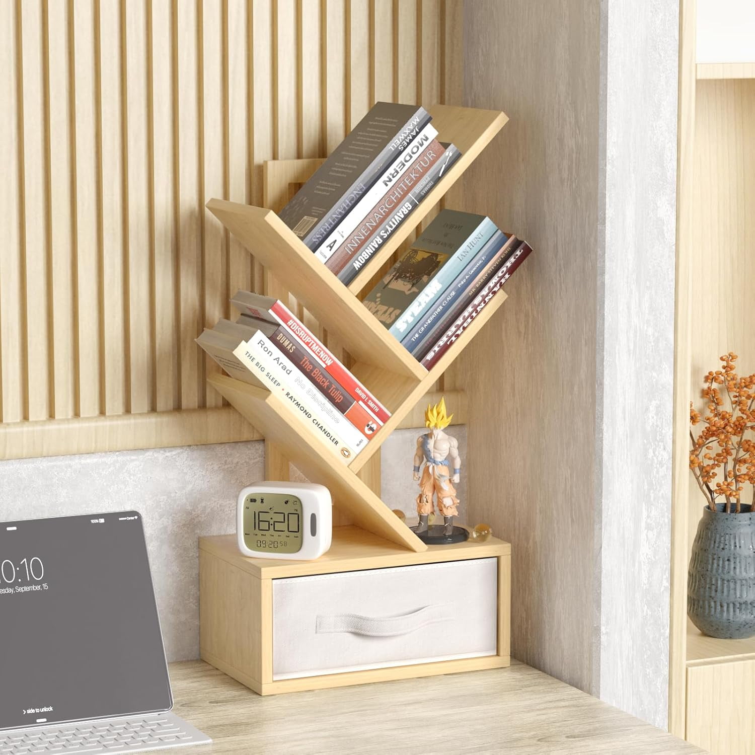 jkfgvhop 8 Tier Tree Bookshelf with Drawer Free Standing Wood Bookcase