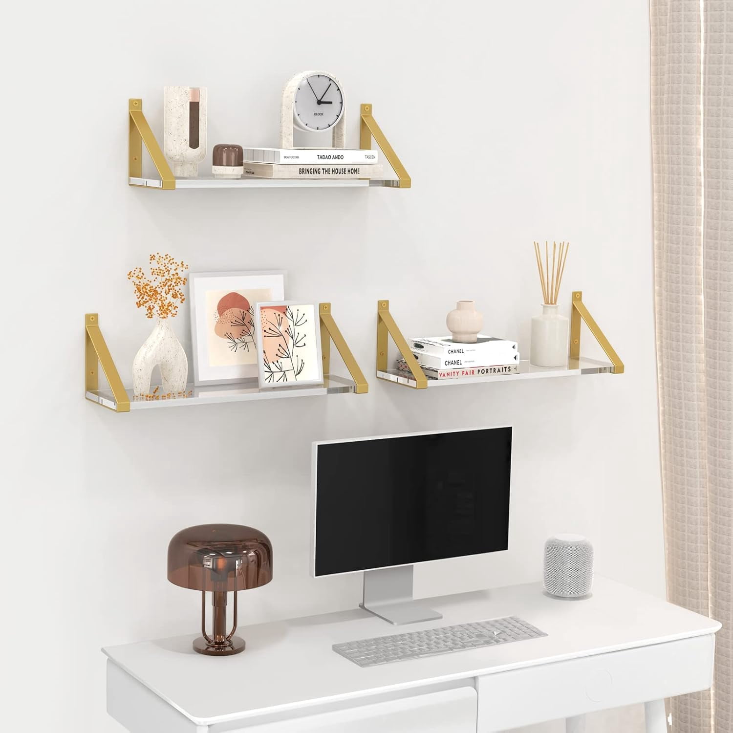 jkfgvhop Clear Shelves Gold Floating Shelves Wall Mounted 8mm ...