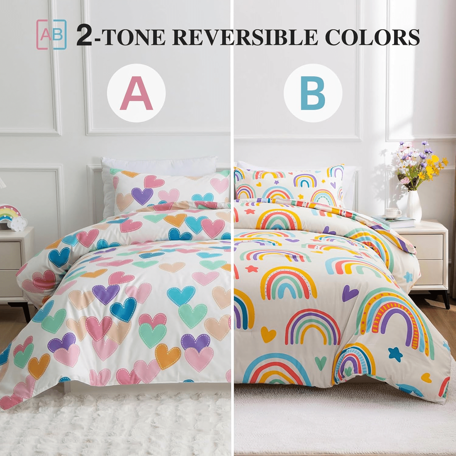 Love Hearts & Flowers Set Copripiumino Reversibile Per Bambini Con Uccellini E Fiori - Rosa E Bianco