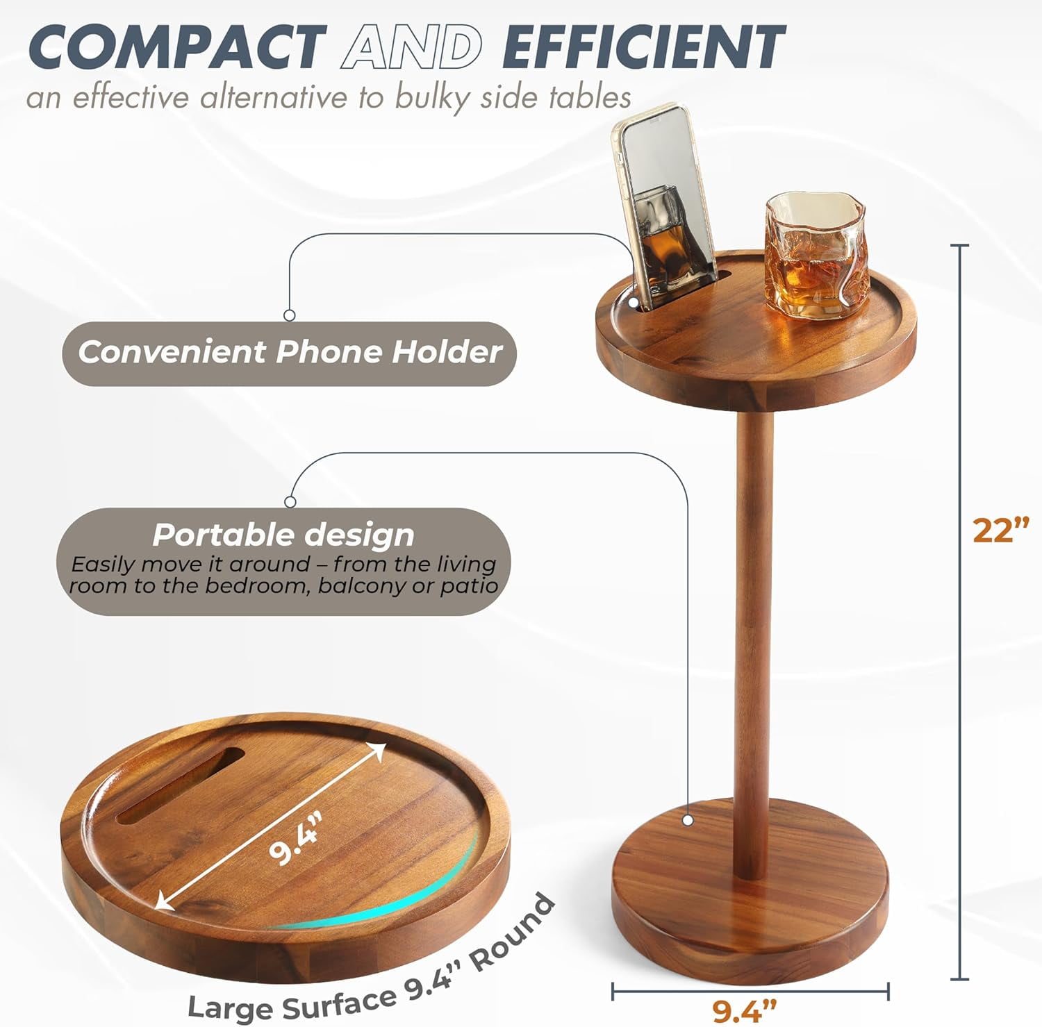 jkfgvhop Pedestal Side Table Acacia Drink Table with Weighted Base ...