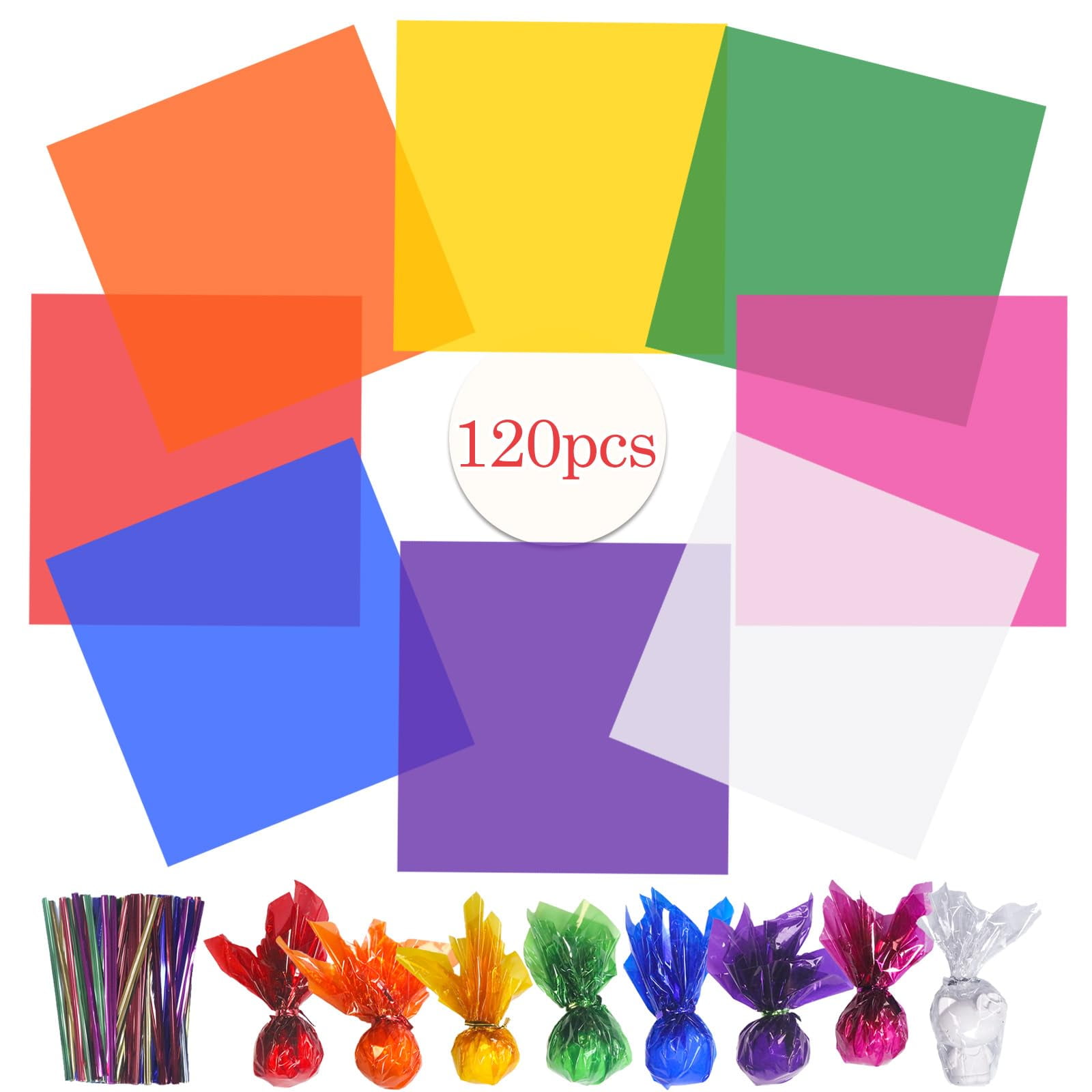 joaoxoko Cellophane Wrap 120Pcs Colored Cellophane Sheets,8 Colors