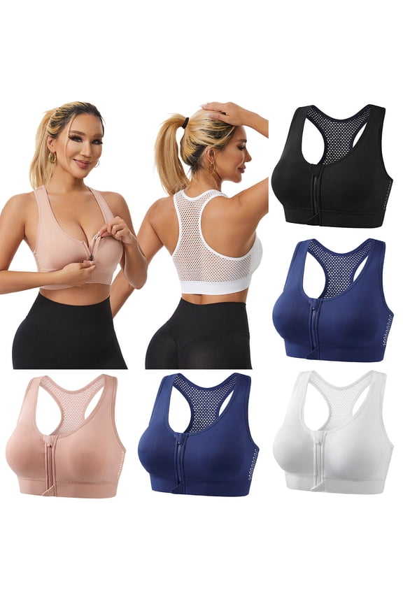 1 Pack Racerback Sports Bras for Women Plus Size Front Zip up Yoga Bra with Sewn in Pads No Underwire Bralettes S-4XL