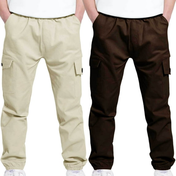 jobturf 2 Pack Boys Cargo Pants Elastic Waist Baggy Active Elastic Bottom Joggers Slim Fit Casual Comfy Husky Pants with Multi Pockets