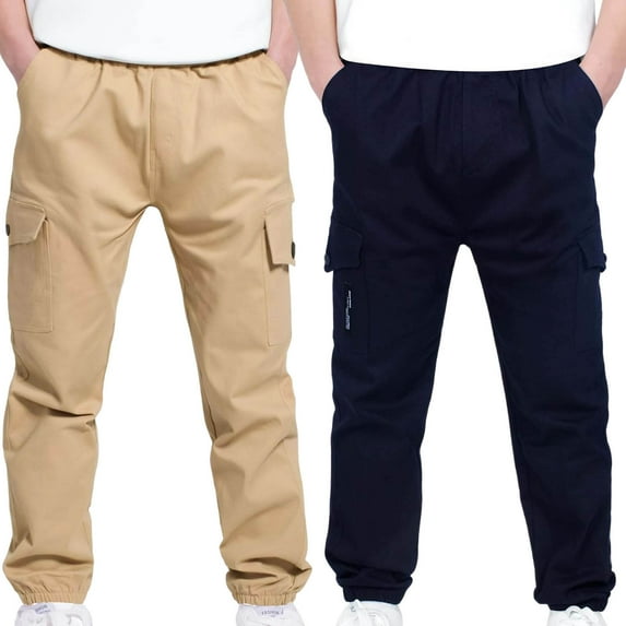 jobturf 2 Pack Boys Cargo Pants Elastic Waist Baggy Active Elastic Bottom Joggers Slim Fit Casual Comfy Husky Pants with Multi Pockets