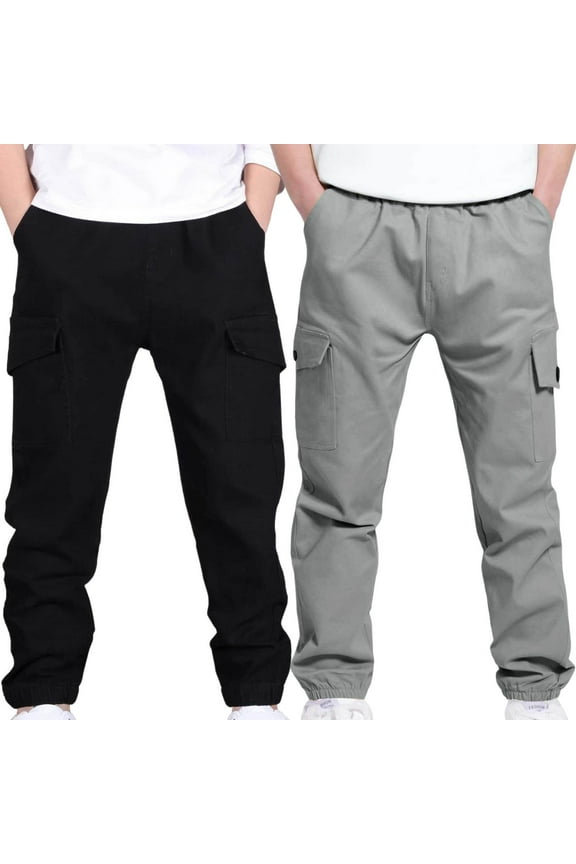 2 Pack Boys Cargo Pants Elastic Waist Baggy Active Elastic Bottom Joggers Slim Fit Casual Comfy Husky Pants with Multi Pockets