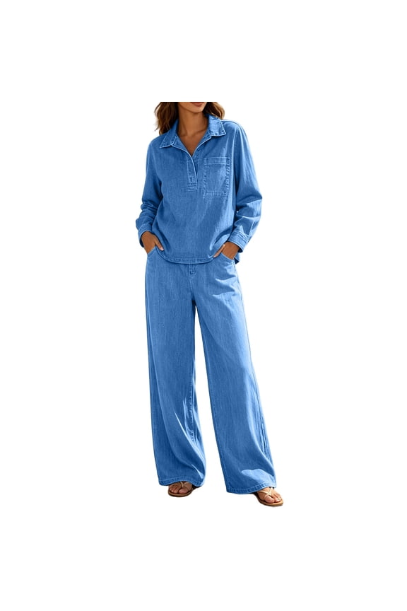 2 Piece Denim Sets for Women Collared Long Sleeve Top Wide Leg Jeans with Pockets Loungewear Set Casual Vacation Outfits S-3XL