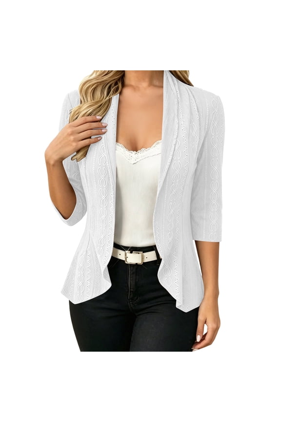 3/4 Length Sleeve Cardigan for Women Eyelet Textured Open Front Cardigans Slim Fit Office Lightweight Jackets S-2XL