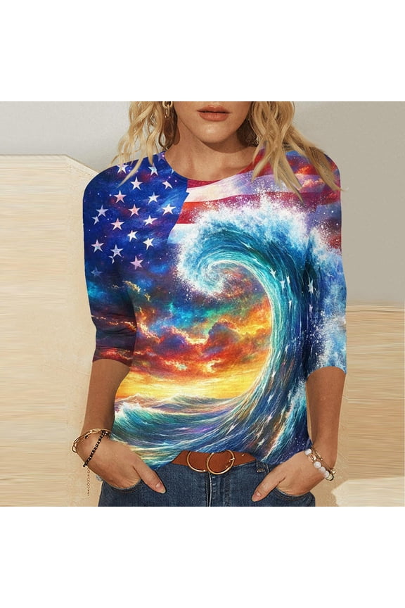 3/4 Length Sleeve Womens Tops 4th of July American Flag Patriotic Shirts Trendy Loose Graphic Tees Summer Plus Size Blouses S-5XL