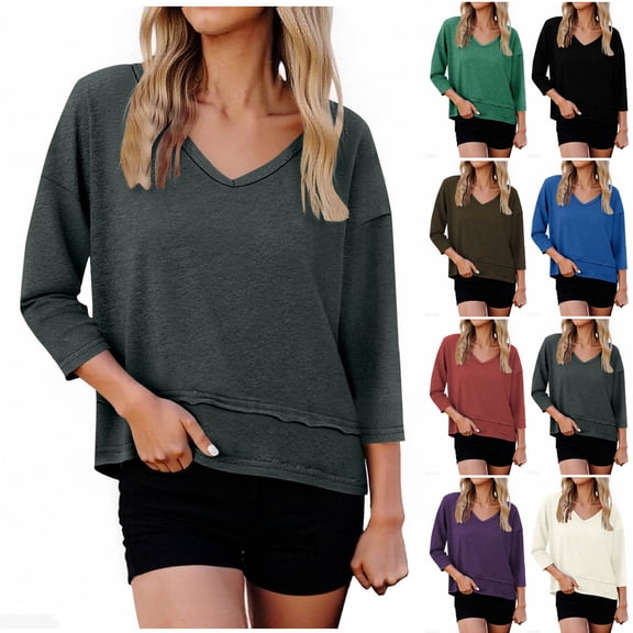jobturf 3/4 Length Sleeve Womens Tops Spring Fashion V Neck T Shirts Casual Loose Breathable Basic Tees Holiday Beach Vacation Blouses