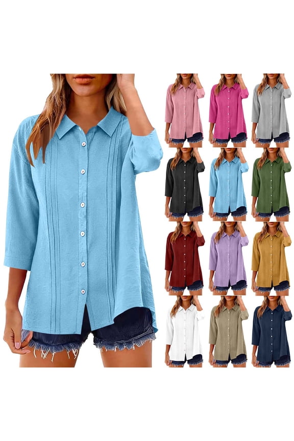 3/4 Length Sleeve Womens Tops Trendy Pleated Front Collared Button Down Shirts Spring Casual Loose Work Blouses S-XXL