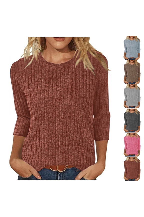3/4 Sleeve Tops for Women Trendy Solid Ribbed Knit Shirts Fall Spring Round Neck Basic Tees Soft Comfy Lightweight Sweaters
