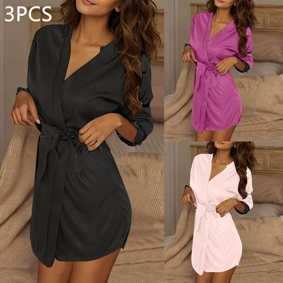jobturf 3 Pack Womens Satin Robe Silky V Neck Long Sleeve Short Bathrobes Casual Lightweight Bride Bridesmaids Wedding Bleted Sleepwear