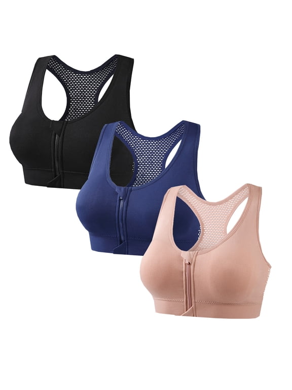 3 Pack Zipper Front Closure Sports Bras for Women Plus Size No Underwire Racerback Yoga Bra Wide Shoulder Strap Bralettes Size 4X-Large