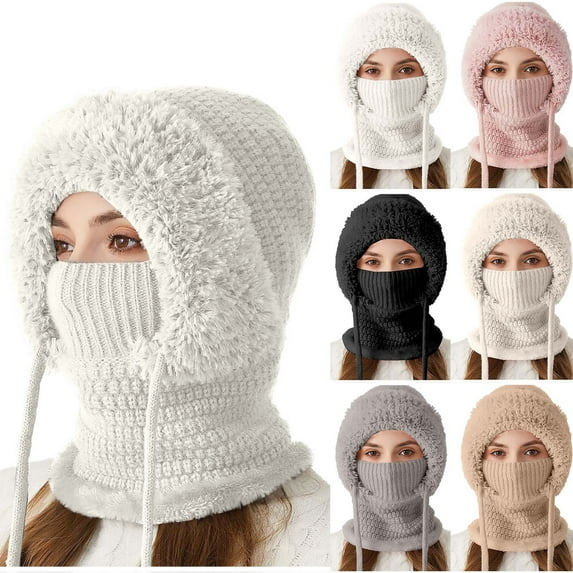 jobturf 3 in 1 Beanie Hat with Scarf and Mask Plush Fuzzy Winter Hats for Women Cute Fashion Windproof Balaclava for Cold Weather