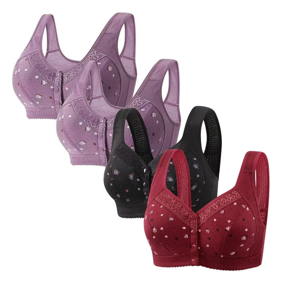 jobturf 4 Pack Sports Bras for Women Comfy No Underwire Front Closure Push Up Bra Floral Printed Full Coverage Breathable Tshirt Bras