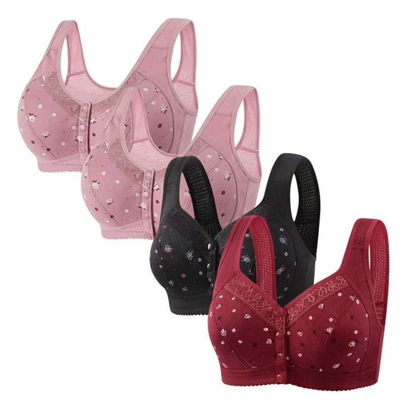 jobturf 4 Pack Sports Bras for Women Comfy No Underwire Front Closure Push Up Bra Floral Printed Full Coverage Breathable Tshirt Bras