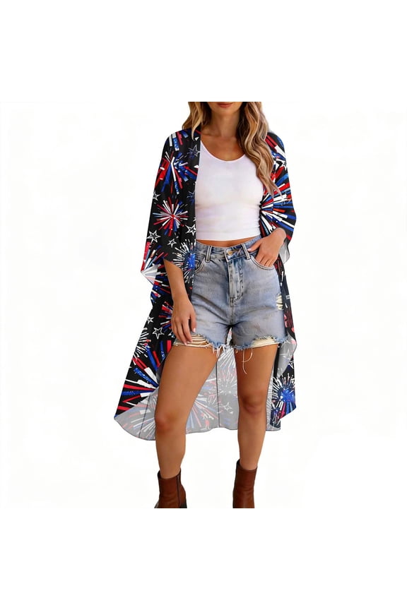 4th of July Summer Cardigans for Women American Flag Thin Lightweight Cardigan 3/4 Length Sleeve Chiffon Long Cover Up S-3XL