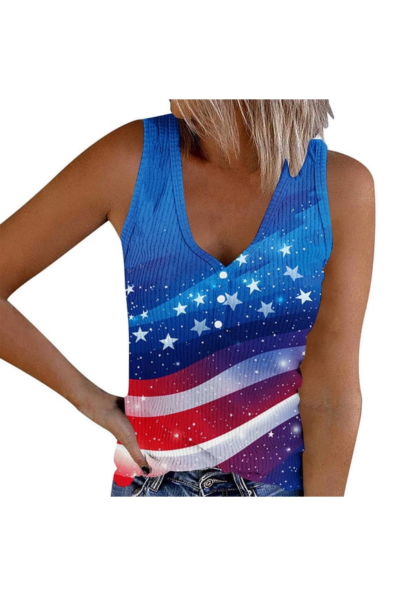 4th of July Tank Tops for Women V Neck Sleeveless Henley Shirts Independence Day American Flag Shirt Festival Outfits S-2XL