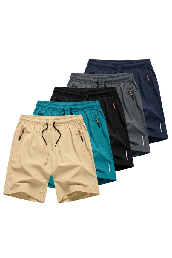 5 Pack Boys Shorts Quick Dry Drawstring Elastic Waist Shorts with Zipper Pockets Summer Beach Short Pants for Kids 3-15 Years