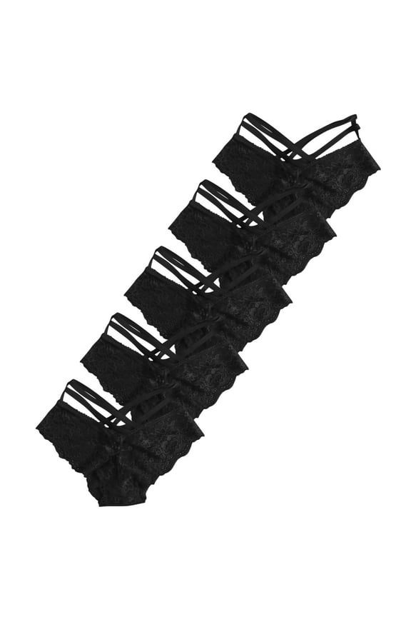 5 Pack Lace Thongs for Women Low Rised V-Back Crisscross Panties Panty Soft Breathable Scallop Trim Invisbles Briefs