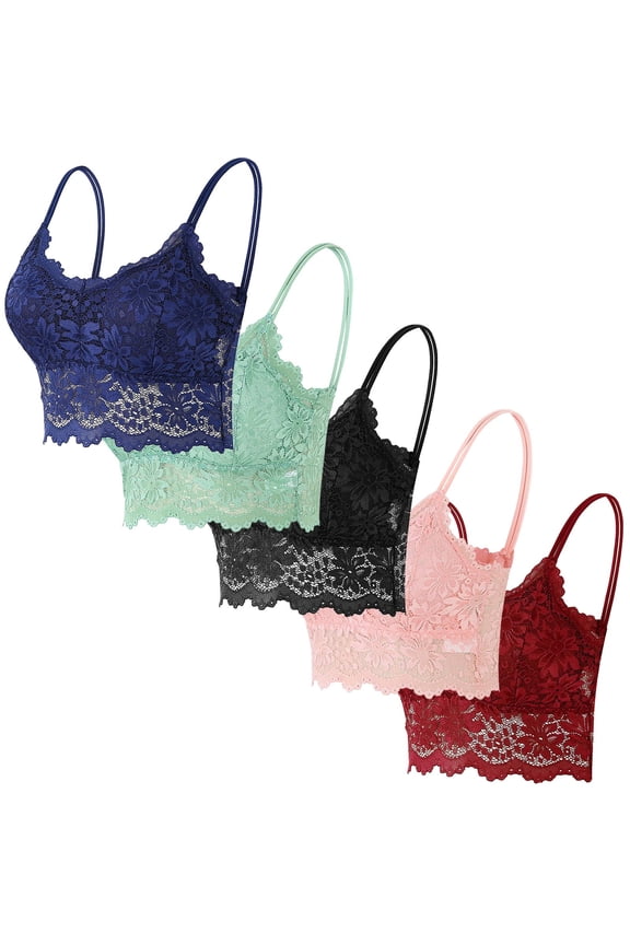 5 Pcs Bras for Women Trendy Lace Trim Camisole Bandeau Top Everyday Full Coverage Bralettes No Underwire Spaghetti Strap T Shirt Bra Multipack