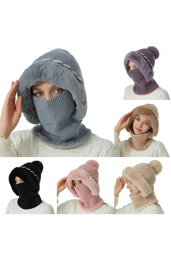 Balaclava Women Cute Fashion Pom Pom Winter Hats Face Mask Soft Comfy Warm Lightweight Knit Hooded Scarf Beanie for Cold Weather