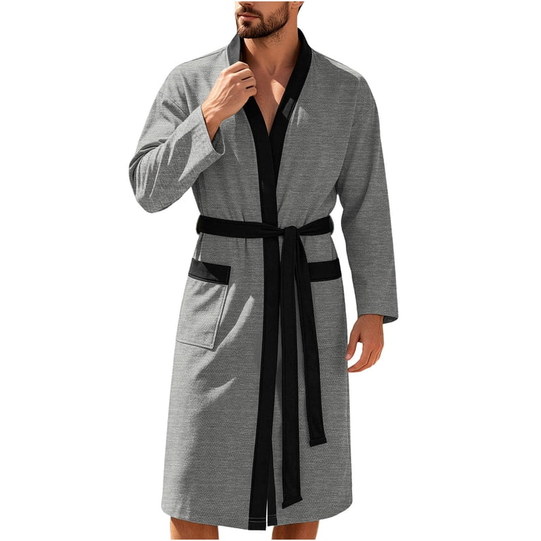 jobturf Bath Robe for Men Lightweight Long Sleeve Shower Bathrobe Color Block Sleepwear Dressing Gown M-XXL