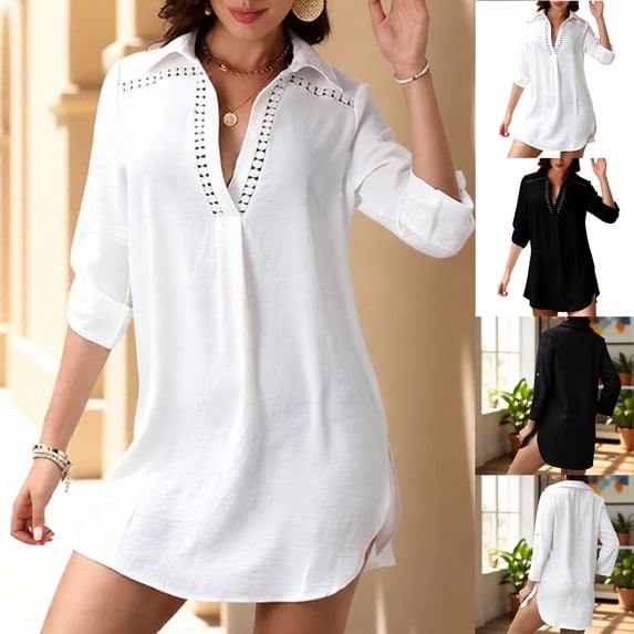 jobturf Bathing Suit Cover Up for Women Trendy Side Slit Coverups Eyelet Hollow Out Swimsuit Coverup Summer Beach Vacation Shirt Dress S-XXL