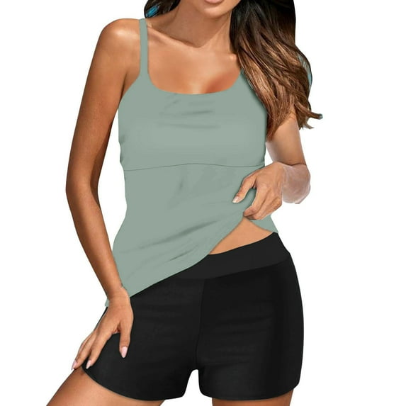 jobturf Bathing Suit for Women Scoop Neck Tankini Top with Boy Shorts Two Piece Set Beach Vacation Swimwear Summer Modest Swimsuits