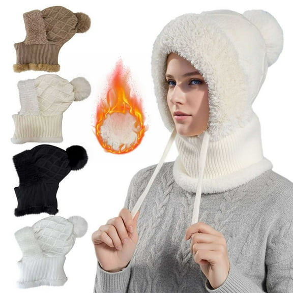 jobturf Beanie Hats for Women Windproof 3 in 1 Balaclava Face Mask Soft Comfy Warm Winter Hats Fashion Cute Pom Poms Skull Cap for Cold Weather